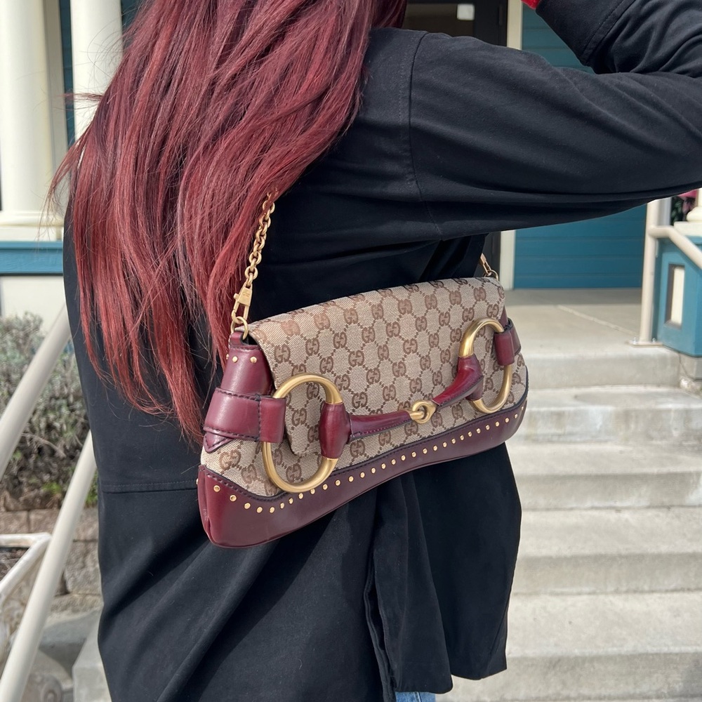 Gucci Beige and Burgundy GG Shoulder Bag